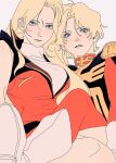  1boy 1girl blonde_hair blue_eyes char_aznable dual_persona epaulettes genderswap genderswap_(mtf) grey_background gundam highres jacket kena131 long_hair long_sleeves looking_at_viewer military_uniform mobile_suit_gundam quattro_bajeena short_hair simple_background sleeveless visible_ears zeon 