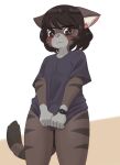 2025 anthro black_body black_fur black_stripes black_wristwatch blush bottomless brown_body brown_eyes brown_fur brown_hair cat_sona_(mr-shin) clothed clothing covering covering_crotch dipstick_tail domestic_cat felid feline felis front_view frown fur gloves_(marking) grey_body grey_fur grey_pupils hair hi_res inner_ear_fluff male mammal markings mr-shin pink_inner_ear pink_nose pupils purple_clothing purple_shirt purple_topwear shirt solo standing striped_body striped_fur stripes tail tail_markings thick_thighs thigh_gap topwear tuft white_inner_ear_fluff