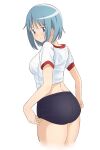  1girl adjusting_buruma adjusting_clothes alternate_costume ass blue_buruma blue_eyes blue_hair blush breasts buruma cropped_legs from_side gym_shirt hateri highres mahou_shoujo_madoka_magica medium_breasts medium_hair midriff miki_saya shirt solo white_background white_shirt 