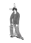 5_fingers anthro blousquidly clothed clothed_anthro clothing eye_bags fingers footwear fully_clothed fully_clothed_anthro hair hi_res holding_skateboard lagomorph leporid male mammal rabbit shoes simple_background skateboard sketch solo squidly sweater topwear vehicle whiskers