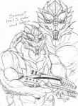 2013 alien bioware crazydrak dated electronic_arts english_text erection front_view futuristic_gun genitals gun hi_res holding_gun holding_object holding_ranged_weapon holding_weapon humanoid looking_at_viewer male mass_effect monochrome muscular muscular_humanoid muscular_male nipples open_mouth penis pupils ranged_weapon ridged_penis simple_background sketch slit_pupils solo text turian weapon