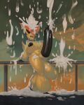 anthro balls big_balls big_breasts big_penis black_nipples black_penis bodily_fluids breasts coal-heart colored cum cum_covered cum_everywhere cum_shower ejaculation excessive_cum excessive_genital_fluids generation_5_pokemon genital_fluids genitals herm huge_balls huge_breasts huge_penis hyper hyper_balls hyper_breasts hyper_genitalia hyper_penis intersex leaning leaning_backward legendary_pokemon messy nintendo nipples noclause penis pokemon pokemon_(species) railing sasha_(noclause) solo victini