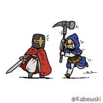  2girls age_of_empires_(series) age_of_empires_ii armor blue_cape blue_capelet blue_hood blue_neckerchief cape capelet chainmail hammer helm helmet highres holding holding_hammer kabewski leather_armor multiple_girls neckerchief obuch_(age_of_empires_ii) sword teutonic_knight teutonic_knight_(age_of_empires_ii) two-handed war_hammer weapon white_background 