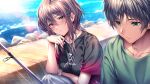 1boy 1girl amakano_3 black_shirt blush breasts brown_hair character_request closed_mouth fishing_rod gradient_clothes gradient_shirt green_shirt grey_pants hair_between_eyes hand_on_own_chin looking_at_another medium_breasts medium_hair official_art pants piromizu red_shirt rock shirt short_hair sidelocks sweatdrop sweatpants water yanagi_shion yellow_eyes 