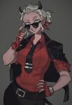  1girl adjusting_eyewear belt black_belt black_horns black_jacket black_necktie black_pants black_tail bow breasts bright_pupils chinese_commentary collared_shirt commentary_request cowboy_shot demon_girl demon_horns demon_tail fingerless_gloves fingernails gloves grey_background grey_eyes grey_hair grin hair_bow hair_bun hair_slicked_back hand_on_own_hip helltaker highres horns jacket jacket_on_shoulders justice_(helltaker) large_breasts necktie pants red_bow red_gloves red_shirt shirt shirt_tucked_in short_hair short_sleeves simple_background single_hair_bun smile solo standing sunglasses tail tie_clip white_pupils wolegetou 