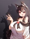  1girl :3 animal_ear_fluff animal_ears black_trim breasts brooch cleavage commentary different_shadow dress english_commentary fang highres imaizumi_kagerou jewelry large_breasts long_hair looking_at_viewer off-shoulder_dress off_shoulder open_mouth red_eyes rion_(user_ufvg8527) shadow_puppet smile solo swept_bangs touhou upper_body white_dress wolf wolf_ears wolf_girl 