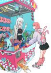  2girls absurdres against_glass animal_bag bandaid bandaid_on_leg black_skirt cat commentary_request covering_privates crane_(machine) crane_game ear_tag fish grey_hoodie hair_between_eyes hand_on_glass hatsune_miku highres hood hood_down hoodie hugging_doll hugging_object hunched_over loch_ness_monster lollipop_in_mouth looking_at_another loose_socks multiple_girls navel nike_(company) nude nude_cover orange_cat original pink_hair pink_socks pleated_skirt rabbit_bag red_eyes shoes simple_background skirt sneakers socks standing stomach stuffed_animal stuffed_crocodile stuffed_octopus stuffed_toy tinkie tongue tongue_out white_background white_hair white_shoes zipper 