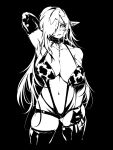  1girl andyface arm_behind_head arm_up armpits ass_visible_through_thighs asymmetrical_gloves black_background breasts chain collar collarbone elf fingerless_gloves gloves greyscale groin hair_over_one_eye halterneck highres large_breasts long_hair looking_at_viewer monochrome navel original pointy_ears simple_background skindentation solo thighhighs 