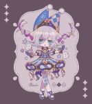  1girl :o bare_shoulders blue_dress blue_eyes blue_gloves blue_hat blue_shoes braid brown_background carousel clothing_cutout commentary_request dress floating_hair full_body gloves grey_hair hat jester_cap looking_at_viewer multicolored_hair open_mouth original patchwork_skin purple_hair shoes short_hair short_sleeves shoulder_cutout signature solo sorata123 standing twin_braids two-tone_hair 