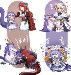  3girls ? absurdres apron blonde_hair blue_hair blue_kimono blush breasts cake cake_slice claws closed_eyes closed_mouth dragon dragon_girl dragon_horns dragon_tail dragonmaid_nudyarl dress duel_monster eastern_dragon eastern_dragon_horns fingerless_gloves food frilled_apron frilled_dress frilled_hairband frilled_sleeves frills gloves hair_between_eyes hairband hatano_kiyoshi headpat highres holding holding_plate holding_spoon horns huffing hug hug_from_behind japanese_clothes kimono kitchen_dragonmaid large_breasts lattice_dragonmaid laundry_dragonmaid long_hair long_sleeves looking_at_another low-tied_long_hair maid maid_apron maid_headdress mixed_maids multiple_girls open_mouth plate puffy_long_sleeves puffy_sleeves purple_eyes red_hair short_hair short_twintails simple_background smile spoon strawberry_cake tail twintails wa_maid white_apron yellow_eyes yu-gi-oh! 