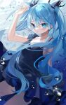  1girl absurdres black_dress black_ribbon blue_eyes blue_hair breasts cleavage dress hair_ribbon hatsune_miku highres long_hair looking_at_viewer medium_breasts ribbon shinkai_shoujo_(vocaloid) sinobi_illust twintails underwater vocaloid 