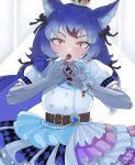  1girl animal_ear_fluff animal_ears belt blue_hair dire_wolf_(kemono_friends) dress elbow_gloves gloves highres kedama_(ughugjydthjdf) kemono_friends kemono_friends_v_project long_hair looking_at_viewer open_mouth ribbon simple_background solo tail twintails virtual_youtuber wolf_ears wolf_girl wolf_tail yellow_eyes 