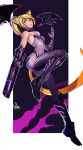  1girl animal_ears blonde_hair bodysuit boots breasts cat_ears commission copyright_request distr gloves green_eyes gun hand_up highres holding holding_gun holding_weapon looking_at_viewer medium_breasts parted_lips ponytail purple_bodysuit purple_gloves signature solo standing standing_on_one_leg weapon wings 