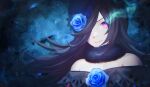  1girl bangs black_hair blue_dress blue_flower blue_headwear blue_rose closed_mouth commentary dress eyebrows_hidden_by_hair flaming_eye flower hair_over_one_eye hat hat_flower highres long_hair looking_at_viewer off-shoulder_dress off_shoulder purple_eyes rice_shower_(umamusume) rose shia_(sian_11) solo symbol-only_commentary tilted_headwear umamusume upper_body 