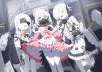  4girls absurdres alternate_costume animal_ears apron bandaged_hand bandages bell black_gloves black_mask blindfold blue_archive blush bow cat_ears colored_skin commentary_request covered_eyes dress dress_bow ein_(blue_archive) enmaided extra_pupils flying_sweatdrops frilled_dress frills gloves hair_over_one_eye highres holding holding_unworn_clothes holding_unworn_dress indoors jingle_bell layered_dress long_hair long_sleeves looking_at_viewer maid maid_apron maid_headdress malkuth_(blue_archive) mask mechanical_tail multiple_girls off-shoulder_dress off_shoulder ohr_(blue_archive) one_eye_covered open_mouth pink_dress respirator same_(samefgo) short_hair skirt_hold smile sof_(blue_archive) symbol-shaped_pupils tail thumbs_up triplets twintails unworn_dress white_hair white_skin x-shaped_pupils yellow_eyes 