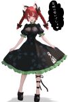  1girl :d absurdres animal_ear_fluff animal_ears black_bow black_dress black_shoes blunt_bangs bow braid breasts cat_ears cat_girl commentary_request dress fang footwear_bow full_body hair_bow highres impossible_clothes impossible_dress kaenbyou_rin large_breasts leg_ribbon long_eyelashes looking_at_viewer medium_dress medium_hair multiple_hair_bows open_mouth print_dress puffy_short_sleeves puffy_sleeves red_eyes red_nails ribbon shoes short_sleeves simple_background skirt_hold smile solo speech_bubble standing sugar_you touhou translation_request twin_braids twintails white_background 