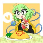  1girl bangs bottle broccoli food green_eyes heart heart_of_string highres holding holding_bottle ketchup komeiji_koishi long_sleeves no_headwear open_mouth shinsei_tomato shirt simple_background solo spoken_heart third_eye touhou yellow_shirt 