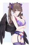  1girl arm_under_breasts black_wings blush border bow bra breasts brown_eyes brown_hair cleavage closed_mouth commentary_request cowboy_shot dot_nose feathered_wings garter_straps hair_bow highres himekaidou_hatate large_breasts long_hair looking_at_viewer low_wings navel outside_border panties pointy_ears purple_bow purple_bra purple_garter_belt purple_garter_straps purple_panties sarasadou_dan solo thighs touhou twintails underwear white_border wings 