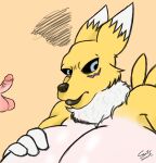  absurd_res angry annoyed anthro balls bandai_namco breasts cyaturus_(artist) digimon digimon_(species) digital_media_(artwork) duo erection female fur genitals hi_res humiliation lips male male/female penis penis_humiliation renamon simple_background small_penis small_penis_humiliation thick_lips video_games 