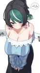  1girl absurdres black_hair blue_eyes blue_sweater breasts cleavage closed_mouth collarbone earrings green_hair hashtag-only_commentary highres jewelry multicolored_hair orchidea_(zenless_zone_zero) simple_background smile solo sweater w.k white_background white_hair zenless_zone_zero 