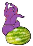  2022 4_fingers anthro blush butt clothed clothing cobra female fingers food fruit hi_res keeshee melon ncs plant purple_body reptile scalie simple_background snake solo topless watermelon white_background 