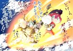  1girl amate_yuzuriha aqua_eyes axe axis_(gundam) beanie black_hat bodysuit char&#039;s_counterattack commentary_request fire glowing glowing_eyes gundam gundam_gquuuuuux haro hat heat_hawk holding holding_axe holding_weapon mecha mecha_pilot_suit mobile_suit multicolored_bodysuit no_humans normal_suit_(gundam) nu_gundam open_mouth pushing red_hair robot ryokasaka science_fiction short_hair space sweatdrop thrusters translation_request v-fin weapon 