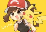  1girl :d backpack bag bangs baseball_cap blackspade brown_eyes brown_hair chibi commentary_request copyright_name elaine_(pokemon) green_shorts grey_bag happy hat high_ponytail holding holding_poke_ball long_hair on_shoulder open_mouth pikachu poke_ball poke_ball_(basic) pokemon pokemon_(creature) pokemon_(game) pokemon_lgpe pokemon_on_shoulder short_sleeves shorts smile tongue 