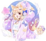  2girls animal_ear_fluff animal_ears arcueid_brunestud blonde_hair blue_ribbon blush breasts cat_ears cat_girl cleavage dual_persona fate/grand_order fate_(series) fingerless_gloves gloves headphones henatyoko_desu highres hood hoodie looking_at_viewer midriff midriff_peek multiple_girls neco-arc one_eye_closed open_clothes open_hoodie phantas-moon phantas-moon_(second_ascension) pink_hoodie red_eyes ribbon short_hair space_phantas-moon_another_christmas tsukihime wand 