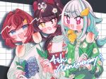  3girls :d alternate_costume ange_katrina animal_ears animal_on_head animal_on_shoulder anniversary aqua_hair banken_(inui_toko) bird bird_on_shoulder blue_eyes blush_stickers bodice braid bright_pupils brown_hair collared_shirt colored_inner_hair commentary_request dog_ears dress dress_over_shirt drop_shadow floral_print floral_print_dress floral_print_shirt flower flower_in_beak green_shirt green_skirt grid_background group_picture hair_flower hair_intakes hair_ornament hair_over_shoulder heterochromia highres holding holding_flower ichimaru_(ichimarururu514) inui_toko lize_helesta long_hair long_sleeves looking_at_viewer monocle multicolored_hair multiple_girls nijisanji on_head one_eye_closed open_clothes open_mouth open_shirt own_hands_together pinafore_dress pink_flower ponytail print_dress red_dress red_eyes red_hair sanbaka_(nijisanji) sebastian_piyodore shirt short_hair sidelocks skirt sleeveless sleeveless_dress smile star_(symbol) star_in_eye streaked_hair sweater symbol_in_eye teeth tulip turtleneck turtleneck_sweater twin_braids two-tone_hair upper_teeth_only virtual_youtuber white_background white_hair white_pupils white_shirt white_sweater wing_hair_ornament yellow_bird yellow_eyes 