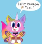 absurd_res anthro arthropod birthday_gift blue_eyes bracelet butterfly clothing collar domestic_cat emoticon equid equine felicity_(rainbow_butterfly_unicorn_kitty) felicity_(the_succubus_hunt) felid feline felis female fur gift gold_(metal) gold_bracelet gold_jewelry guilrel heart_collar heart_nose heart_symbol hi_res horn hybrid insect insect_wings jewelry lepidopteran lepidopteran_wings mammal multicolored_body multicolored_fur multicolored_tail mythological_creature mythological_equine mythology pink_body pink_fur pink_horn pink_nose rainbow_body rainbow_butterfly_unicorn_kitty rainbow_fur rainbow_tail shirt smile solo tail tank_top the_succubus_hunt topwear unicorn unicorn_horn wings yellow_clothing yellow_shirt yellow_tank_top yellow_topwear