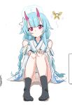  1boy 1girl animalization bare_shoulders black_socks blue_archive blue_hair blush braid bug butterfly chise_(blue_archive) closed_mouth detached_sleeves doodle_sensei_(blue_archive) flower hair_flower hair_ornament halo head_tilt horns japanese_clothes kimono knees_up long_sleeves low_twintails panties purple_eyes rumiya9i sensei_(blue_archive) simple_background sitting sleeveless sleeveless_kimono socks twin_braids twintails underwear white_background white_flower white_kimono white_panties white_sleeves wide_sleeves 