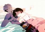  1boy 1girl absurdres ahoge atelier_(series) atelier_yumia black_hair closed_eyes commentary_request dress grey_hair hetero highres lying medium_hair mole mole_under_eye multicolored_hair on_back on_bed pencil_dress red_hair rgbjt rutger_arendt sharp_teeth shirt short_hair sleeping sleeping_on_person streaked_hair t-shirt teeth two-tone_hair undercut v-shaped_eyebrows yellow_eyes yumia_liessfeldt 