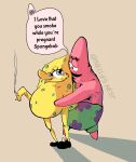absurd_res anthro asterozoan bad_parenting belly big_belly bottomwear cigarette clothed clothing dialogue duo echinoderm footwear footwear_only hairless half-closed_eyes hi_res hug humor interspecies looking_at_another looking_pleasured male male/male male_anthro marine mostly_nude narrowed_eyes nellies_nest nickelodeon nightmare_fuel nude nude_anthro nude_male open_mouth partially_clothed partially_clothed_anthro partially_clothed_male patrick_star pink_body pregnant pregnant_anthro pregnant_male romantic romantic_couple sea_sponge seductive shadow shoes shoes_only shorts simple_background smile smoking smoking_cigarette smoking_while_pregnant speech_bubble spongebob_squarepants spongebob_squarepants_(character) standing starfish topless topless_anthro topless_male what what_has_science_done where_is_your_god_now yellow_body