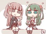  2girls :d ? aqua_eyes arm_at_side artist_name assault_lily bangs black_jacket blunt_bangs blunt_ends boots bow bowtie brown_background brown_eyes brown_footwear brown_hair chibi collared_shirt commentary_request corset flying_sweatdrops full_body gochisousama_(tanin050) green_hair grey_skirt hair_bobbles hair_ornament hand_up hands_up haneda_catalina_mei jacket juliet_sleeves kneehighs light_blush long_hair long_sleeves looking_at_viewer ludvico_private_girls&#039;_academy_school_uniform miniskirt multiple_girls one_side_up open_clothes open_jacket parted_lips pink_bow pink_bowtie plaid plaid_skirt puffy_sleeves sano_matilda_kokoro school_uniform shirt sidelocks sitting skirt smile socks solid_circle_eyes suspenders sweatdrop thighhighs two-tone_background underbust v-shaped_eyebrows white_background white_shirt white_socks white_thighhighs 