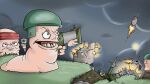 4_fingers ambiguous_gender armor cloud combat_helmet digital_drawing_(artwork) digital_media_(artwork) elias_wassberg feral fingers floating_hands frown grass group gums gun headgear helmet hi_res holding_gun holding_object holding_ranged_weapon holding_rocket_launcher holding_weapon limbless missile noseless outside overcast plant ranged_weapon rocket_launcher shaded shooting sky tank_(vehicle) toothy_grin tree_stump unavailable_at_source vehicle war weapon worm worm_(worms) worms_(series)