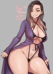  1girl agawa_ryou breasts brown_hair cleavage clothing_request collarbone cowboy_shot criss-cross_halter curvy dated english_commentary fingernails forehead grin halterneck highleg large_breasts legs_apart long_hair long_sleeves navel open_clothes original purple_sleeves revealing_clothes signature simple_background smile solo thick_eyebrows thick_thighs thighs wide_hips yellow_eyes 