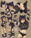  1girl animal_ears ass black_hair black_nails black_panties black_shorts blue_eyes blush cat_ears cat_girl cauldron christmas_ornaments collar crop_top fang fangs feet fukari goth_fashion highres leg_tattoo long_sleeves looking_at_viewer midriff multiple_views navel offelia_(fukari) open_mouth original panties short_hair shorts shoulder_tattoo simple_background socks stomach_tattoo striped_clothes striped_sweater sweater tail tattoo thighhighs underwear yawning 