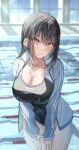  1girl bangs black_hair black_one-piece_swimsuit blurry blurry_background breasts cleavage closed_mouth commentary_request cowboy_shot day depth_of_field ear_piercing english_text engrish_text highres large_breasts leaning_forward long_hair long_sleeves looking_at_viewer matsusatoru_kouji mole mole_under_eye multiple_moles multiple_piercings one-piece_swimsuit original piercing pool ranguage red_hair school_swimsuit sidelocks smile solo standing sunlight swimsuit thighs tsurime water wet zipper_pull_tab 