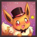  1:1 2021 absurd_res ambiguous_gender black_bow_tie black_top_hat clothed clothed_feral clothing cute_fangs dipstick_tail eevee feral fur fur_tuft generation_1_pokemon hat headgear headwear hi_res markings nintendo open_mouth open_smile pink_tongue pokemon pokemon_(species) smile solo tail_markings tongue top_hat tuft two_tone_tail video_games xripy 