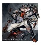  1boy blood blood_on_face boots colored_skin cowboy cowboy_boots cowboy_hat cowboy_western demon_boy demon_horns demon_tail evil_grin evil_smile fire grin gun hat helluva_boss highres holding holding_gun holding_weapon horns male_focus red_skin sharp_teeth smile solo striker_(helluva_boss) tail teeth weapon wraith615 