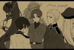  3boys 3girls ahoge axis_powers_hetalia back bare_shoulders belt beret bismarck_(kancolle) border breast_pocket breasts closed_mouth collared_jacket collared_shirt cross crossover detached_sleeves english_text floating_hair flower from_behind from_side germany_(hetalia) hair_between_eyes hair_flower hair_ornament hat headband high_ponytail hita_(hitapita) iron_cross jacket japan_(hetalia) kantai_collection lapels large_breasts littorio_(kancolle) long_hair long_sleeves looking_at_viewer looking_back military_hat military_jacket military_uniform monochrome multiple_boys multiple_girls necktie non-web_source northern_italy_(hetalia) open_mouth pocket ponytail shirt short_hair simple_background sleeveless sleeveless_shirt smile standing v-shaped_eyebrows wavy_hair yamato_(kancolle) 