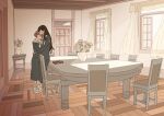  2girls 55bata6rou black_hair black_serafuku black_shirt black_skirt bouquet box brown_hair chair closed_eyes clubroom curtains door fukuzawa_yumi full_body gift gift_box highres hug indoors lillian_girls&#039;_academy_school_uniform long_hair long_sleeves maria-sama_ga_miteru multiple_girls neckerchief ogasawara_sachiko open_window pleated_skirt sailor_collar school_uniform serafuku shirt shoes short_hair skirt smile socks standing sunlight table twintails vase white_neckerchief white_sailor_collar window yuri 