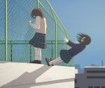  2girls absurdres against_fence avogado6 bandaid bandaid_on_face bandaid_on_knee bandaid_on_leg betrayal blue_sky broken broken_fence brown_hair chain-link_fence clear_sky despair falling fence full_body hair_ornament hairclip highres holding imminent_suicide long_sleeves looking_at_another multiple_girls on_rooftop original outdoors plaid_clothes plaid_skirt pleated_skirt rooftop school_uniform skirt sky suicide suicide_pact surprised sweatdrop sweater_vest wide-eyed 