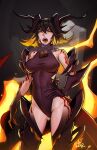  1girl ass_visible_through_thighs black_dragon_girl_(distr) black_hair black_thighhighs blonde_hair breasts brown_leotard covered_nipples distr dragon_horns dragon_tail fire gauntlets hand_on_hip highres horns large_breasts leotard looking_at_viewer multicolored_hair multiple_horns open_mouth original solo tail tattoo thighhighs two-tone_hair yellow_eyes 