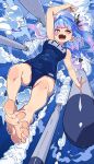  1girl barefoot blue_hair breasts feet highres i-19_(kancolle) kantai_collection looking_at_viewer medium_breasts multicolored_hair one-piece_swimsuit pink_hair red_eyes school_swimsuit smile solo star-shaped_pupils star_(symbol) swimsuit symbol-shaped_pupils toes torpedo two-tone_hair underwater ushiki_yoshitaka 