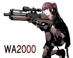  1girl ai-assisted aiming black_gloves black_jacket black_pantyhose boots bullpup character_name collared_shirt commentary_request girls&#039;_frontline girls&#039;_frontline_2:_exilium gloves gun hair_ribbon holding holding_gun holding_weapon jacket kisaragi_shokuin knee_pads long_hair long_sleeves makiatto_(girls&#039;_frontline_2) necktie on_one_knee open_mouth pantyhose purple_hair red_eyes red_necktie red_ribbon ribbon rifle scope shirt side_ponytail simple_background sniper_rifle solo wa2000_(girls&#039;_frontline) walther walther_wa_2000 weapon white_background white_shirt 