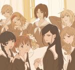  55bata6rou 6+girls arms_behind_head arms_up black_eyes black_hair black_shirt blonde_hair blunt_bangs bouquet braid brown_eyes brown_hair brown_shirt cup curtains fukuzawa_yumi hairband hands_on_another&#039;s_shoulders hands_up hasekura_rei highres holding holding_cup indoors lillian_girls&#039;_academy_school_uniform long_hair long_sleeves looking_at_viewer looking_back maria-sama_ga_miteru mizuno_youko multiple_girls neckerchief ogasawara_sachiko open_mouth open_window own_hands_together parted_bangs red_hairband sailor_collar satou_sei school_uniform shimazu_yoshino shirt short_hair smile table teacup torii_eriko toudou_shimako twin_braids twintails upper_body vase white_neckerchief white_sailor_collar window 