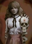 1girl absurdres black_nails black_ribbon blunt_bangs brown_hair closed_mouth commentary english_commentary face_piercing fear_&amp;_hunger_(series) fear_&amp;_hunger_2:_termina frilled_shirt_collar frills highres holding holding_skull lips long_hair looking_at_viewer marina_(fear_&amp;_hunger) mouth_piercing neck_ribbon nudlasior piercing pink_skirt red_background ribbon shirt shirt_tucked_in skirt skull solo upper_body white_shirt 