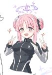  1girl :d black_jacket blue_archive blush breasts double_bun double_v hair_bun halo hands_up jacket long_sleeves looking_at_viewer medium_breasts mika_(blue_archive) mika_(track)_(blue_archive) pink_hair purple_eyes rumiya9i simple_background smile solo track_jacket v white_background 