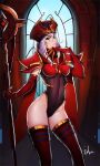  1girl absurdres armor black_leotard breasts claw_(weapon) distr elbow_gloves facial_mark gloves hand_up hat highleg highleg_leotard highres holding holding_staff human_(warcraft) leotard long_hair looking_at_viewer medium_breasts parted_lips pauldrons purple_hair red_eyes red_gloves red_thighhighs sally_whitemane shoulder_armor smile solo staff standing thighhighs warcraft weapon world_of_warcraft 